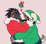 2023 anthro anthro_on_anthro beard blush bottomwear bovid caprine carl_hendricks christmas christmas_clothing clothed clothing duo echo_(game) echo_(series) echo_project eyes_closed facial_hair flynn_moore fully_clothed gila_monster hat headgear headwear heart_symbol helodermatid hi_res holidays horn interspecies kissing littlegeecko lizard male male/male mammal mistletoe pants plant reptile ribbons scalie sheep shirt simple_background sweater topwear
