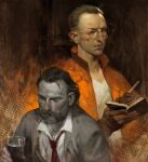  2boys absurdres asian beard betty_jiang brown_hair closed_mouth cup disco_elysium drinking_glass facial_hair glasses harry_du_bois highres holding holding_cup holding_notebook jacket kim_kitsuragi male_focus multiple_boys necktie notebook old old_man open_mouth orange_jacket painterly red_necktie round_eyewear shirt short_hair very_short_hair white_shirt widow's_peak writing 