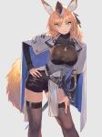  2020 absolute_territory animal_humanoid arknights blonde_hair blue_eyes breasts clothed clothing cute_fangs female fluffy fluffy_tail fur hair hand_on_hip headgear headwear hi_res humanoid hypergryph inner_ear_fluff looking_at_viewer mammal mammal_humanoid sassy simple_background smile solo studio_montagne tuft vicccccc123 video_games whislash_(arknights) white_body white_fur 