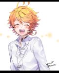  ^_^ antenna_hair bangs blonde_hair blush closed_eyes emma_(yakusoku_no_neverland) eyebrows_visible_through_hair from_behind grin hair_between_eyes highres long_sleeves looking_at_viewer looking_back miniskirt number orange_hair pleated_skirt shiny shiny_hair shirt short_hair skirt smile solo standing tattoo tp82n1r white_background white_shirt white_skirt yakusoku_no_neverland 