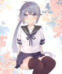  1girl akebono_(kancolle) bell black_legwear blue_sailor_collar blue_skirt floral_background flower hair_bell hair_flower hair_ornament invisible_chair jingle_bell kantai_collection long_hair looking_at_viewer pleated_skirt purple_eyes purple_hair remodel_(kantai_collection) saiki_yuzuri sailor_collar school_uniform serafuku short_sleeves side_ponytail sitting skirt solo thighhighs very_long_hair white_background 