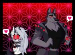  &lt;3 2021 anthro bite biting_lip canid canid_demon chest_tuft clothing demon eye_scar eyebrows eyelashes facial_scar female fur grey_body grey_fur grey_hair hair hellhound helluva_boss hi_res inner_ear_fluff islit jacket larger_male long_hair looking_at_another loona_(vivzmind) male mammal markings notched_ear phone raised_eyebrow red_sclera scar size_difference smaller_female smile spikes standing topwear torn_clothing tuft vortex_(vivzmind) white_eyes 