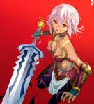  .hack// 1girl armor bare_shoulders bikini_armor black_rose_(.hack//) breasts dark_skin dark_skinned_female facial_mark gloves highres looking_at_viewer masami_(souzou_jinsei_sanka) medium_breasts open_mouth pink_hair red_eyes short_hair solo sword tattoo weapon 