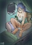  1girl alternate_costume bangs barefoot bespectacled blanket blue_eyes blue_hair breasts cable cellphone cleavage commentary_request curtains cushion eyebrows_visible_through_hair glasses green-framed_eyewear highres holding holding_phone kantai_collection large_breasts long_hair multicolored_hair off_shoulder panties phone pillow pink_panties red_hair signature sitting smartphone solo south_dakota_(kancolle) star_(symbol) tank_top underwear white_hair window yi_ri_wu_shi_(sui_cun) 