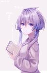  1girl bangs book character_name closed_mouth commentary_request dated eyebrows_visible_through_hair grey_background hachikuji hair_between_eyes hand_up highres holding holding_book looking_at_viewer looking_to_the_side purple_eyes purple_hair simple_background smile solo thick_eyebrows translation_request voiceroid yuzuki_yukari 