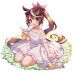  1girl :d animal_ears bangs bendy_straw blue_eyes blush brown_hair collarbone commentary_request cup dated disposable_cup dress drinking_straw eyebrows_visible_through_hair flower hair_between_eyes hair_ribbon highres holding holding_cup horse_ears kashiba_aira looking_at_viewer multicolored_hair open_mouth pink_ribbon ponytail puffy_short_sleeves puffy_sleeves ribbon saucer see-through see-through_sleeves short_sleeves simple_background smile solo streaked_hair tokai_teio_(umamusume) tray twitter_username umamusume upper_teeth v-shaped_eyebrows white_background white_dress white_flower white_hair 