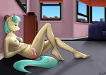  absurd_res anthro apocheck13 breasts city coco_pommel_(mlp) earth_pony equid equine female friendship_is_magic furniture hand_on_stomach hi_res horse inside leaning_on_wall looking_away lying mammal my_little_pony nude on_back pony sofa solo television window 