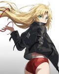  1girl ahoge ass back bangs black_jacket blonde_hair buruma cowboy_shot earrings eyebrows_visible_through_hair fate/apocrypha fate_(series) floating_hair from_behind gradient gradient_background green_eyes grey_background hair_ribbon highres jacket jewelry leather leather_jacket long_hair long_sleeves looking_at_viewer looking_back mordred_(fate) mordred_(fate)_(all) red_ribbon ribbon ribbon_removed shiny shiny_hair simple_background solo tonee white_background 