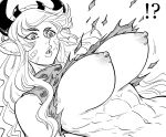  !? 1girl abs animal_ears bandaid bandaid_on_cheek bb_(baalbuddy) breasts commentary cow_ears cow_girl english_commentary exploding_clothes greyscale highres horns large_breasts long_hair monochrome multiple_horns navel nipples parted_lips simple_background solo the_god_of_high_school uma_(the_god_of_high_school) upper_body white_background wide-eyed 