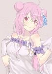  1girl arm_strap bare_shoulders breasts collarbone copyright_name double_bun dress gloves grey_background happy_sugar_life head_tilt long_hair matsuzaka_satou medium_breasts pink_eyes pink_hair smile solo twitter_username white_dress white_gloves yamada_(yum_duck) 