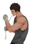  1boy aged_up armpit_hair bandaged_hand bandages black_hair clenched_hands dark-skinned_male dark_skin freaka_loonyz from_side grey_tank_top haikyuu!! highres iwaizumi_hajime male_focus simple_background solo sweat tank_top toned toned_male upper_body white_background 