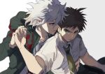  2boys black_hair breast_pocket brown_eyes brown_hair collarbone collared_shirt commentary_request danganronpa_(series) danganronpa_2:_goodbye_despair green_eyes green_neckwear grey_shirt hand_on_another&#039;s_stomach highres hinata_hajime holding_hands hood hood_down hu_(booktorabreak) komaeda_nagito long_sleeves looking_at_another male_focus messy_hair multiple_boys necktie open_mouth pocket shirt short_hair short_sleeves simple_background sketch spiked_hair striped sweatdrop upper_body white_hair white_shirt yaoi 