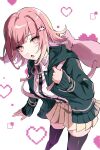  1girl :o animal_bag black_shirt black_thighhighs brown_skirt cat_bag danganronpa_(series) danganronpa_2:_goodbye_despair dress_shirt feet_out_of_frame fuku_sa galaga green_jacket hair_ornament heart highres hood hood_down hooded_jacket jacket medium_hair miniskirt nanami_chiaki neck_ribbon open_clothes open_jacket pink_bag pink_eyes pink_hair pink_ribbon pleated_skirt ribbon shirt skirt solo thighhighs white_background white_shirt zettai_ryouiki 