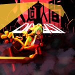  1girl absurdres blue_dress bow brown_footwear closed_eyes closed_mouth collared_shirt commentary_request cookie_(touhou) daiyousei diyusi_(cookie) dress expressionless full_body gloves green_hair hair_bow high-visibility_clothing high-visibility_vest high_ponytail highres mechanical_arms medium_hair muimui_(4242564muimui) pinafore_dress puffy_short_sleeves puffy_sleeves red_sky shirt shoes short_sleeves single_mechanical_arm sky sleeveless sleeveless_dress smoke socks solo steel_beam touhou traffic_baton translation_request watchtower white_gloves white_shirt white_socks yellow_bow 