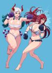  2girls absurdres arm_tattoo bandages bare_arms bare_legs bare_shoulders barefoot battle bikini blue_background boxing boxing_gloves breasts budget_sarashi cirenk cleavage clenched_teeth constricted_pupils crossover curled_horns earrings erza_scarlet face_punch fairy_tail floating_hair full_body fundoshi green_hair hair_ornament hair_stick high_ponytail highres hoop_earrings horns huge_breasts in_the_face japanese_clothes jewelry long_hair looking_at_another mouth_guard multicolored_hair multicolored_horns multiple_girls navel one_eye_closed one_piece oni orange_horns parted_lips punching red_hair red_horns rope sarashi shimenawa simple_background skindentation stomach sweat swimsuit tattoo teeth toenails toes twisted_torso underboob very_long_hair white_hair yamato_(one_piece) yellow_eyes yellow_horns 