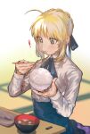  ! 1girl ahoge artoria_pendragon_(all) bangs blonde_hair blue_ribbon blue_skirt blurry blurry_background bowl braid chopsticks eating fate/stay_night fate_(series) food green_eyes hair_ribbon highres holding holding_chopsticks indoors long_sleeves neck_ribbon ribbon rice rice_bowl saber shirt short_hair sitting skirt solo soup suzumetarou table white_shirt 