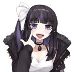  1girl :d black_choker black_jacket bow breasts choker hair_bow hand_up index_finger_raised indie_virtual_youtuber jacket looking_at_viewer medium_breasts multicolored_hair open_clothes open_jacket open_mouth purple_hair ririsya shirt simple_background smile solo streaked_hair tongue tongue_out twitter_username upper_body virtual_youtuber white_background white_bow white_shirt yoako 