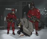 andromorph anthro athletic athletic_anthro breeze canid canine canis caught_off_guard clothing domestic_dog duo exclamation_point facility footwear gameplay_mechanics group gun hi_res husky intersex kaiseka latex latex_clothing latex_footwear latex_socks male mammal muscular muscular_male night night_vision_goggles nordic_sled_dog open_mouth outside pointing_gun pointing_gun_at_another ranged_weapon ricthecusco science_fiction security security_camera security_uniform size_difference sneaking_suit snow socks spitz spotlight_beam stealth tail teeth_showing toe_socks trio uniform video_game_reference weapon wolf