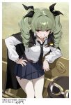  1girl absurdres against_wall anchovy_(girls_und_panzer) anzio_school_uniform belt belt_buckle black_cape black_necktie black_ribbon black_skirt blue_skirt brown_belt buckle cape collared_shirt drill_hair fake_photograph girls_und_panzer green_hair hair_ribbon hand_on_own_hip helmet highres holding holding_whip leaning_on_object long_hair miniskirt motor_vehicle necktie on_truck open_mouth pantyhose pleated_skirt red_eyes ribbon school_uniform shirt signature skirt smile tamusuguru tank_helmet truck twin_drills twintails white_pantyhose white_shirt 