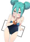  1girl aqua_eyes aqua_hair blue_swimsuit blush breasts commentary covered_navel double_bun h2o_(ddks2923) hair_between_eyes hatsune_miku highres looking_at_viewer one-piece_swimsuit school_swimsuit scrunchie simple_background small_breasts smile solo swimsuit v v_over_mouth vocaloid white_background wrist_scrunchie 