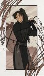  1boy basket black_border black_eyes black_hair black_hanfu border brown_sky brown_theme chinese_clothes cloud cloudy_sky commentary dimple english_commentary erha_he_tadebai_mao_shizun field hanfu high_ponytail highres holding holding_basket long_hair long_sleeves looking_back male_focus mo_ran mountainous_horizon outdoors outside_border plant ponytail sky solo tassel wheat white_border yaroslava_murashko 