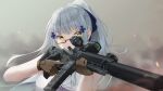  1girl artist_name assault_rifle blurry blurry_background breasts brown_gloves closed_mouth depth_of_field eyebrows_visible_through_hair german_flag girls_frontline glasses gloves green_eyes gun h&amp;k_hk416 highres hk416_(girls_frontline) holding holding_gun holding_weapon keenh looking_at_viewer medium_breasts ponytail red-framed_eyewear rifle semi-rimless_eyewear serious shirt sidelocks silver_hair sleeveless sleeveless_shirt solo trigger_discipline under-rim_eyewear upper_body v-shaped_eyebrows weapon white_shirt 