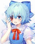  1girl bangs blood bloody_tears blue_bow blue_dress blue_eyes blue_hair blush bow breasts chariko cirno clenched_teeth crying crying_with_eyes_open dress eye_injury eyebrows_visible_through_hair frilled_shirt_collar frills grimace guro hair_between_eyes hair_bow hand_up ice ice_wings injury puffy_short_sleeves puffy_sleeves red_neckwear short_hair short_sleeves simple_background small_breasts snowflakes solo tears teeth touhou trembling upper_body white_background wings 