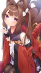  1girl absurdres amagi-chan_(azur_lane) animal_ears azur_lane bangs black_legwear blunt_bangs blurry brown_hair cherry_blossoms commentary_request depth_of_field eyebrows_visible_through_hair fox_ears fox_girl fox_tail hair_ribbon head_tilt highres holding kyuubi long_hair looking_at_viewer manjuu_(azur_lane) multiple_tails off-shoulder_kimono pantyhose petals purple_eyes ribbon rope seele0907 seiza shimenawa sidelocks simple_background sitting solo tail thick_eyebrows tree_branch twintails white_background wide_sleeves 