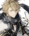  1boy ahoge aladdin_(sinoalice) bad_id bad_pixiv_id blonde_hair blue_eyes closed_eyes fukuda935 japanese_clothes kimono looking_at_viewer male_focus open_clothes scarf short_hair sinoalice sketch smile solo white_background 