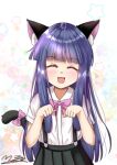  1girl :3 animal_ear_fluff animal_ears black_skirt blue_hair cat_ears cat_tail clenched_hands closed_eyes eyebrows_visible_through_hair fang furude_rika higurashi_no_naku_koro_ni long_hair m_ko_(maxft2) open_mouth paw_pose ribbon shirt short_sleeves skirt smile solo suspender_skirt suspenders tail tail_ornament tail_ribbon upper_body white_shirt 