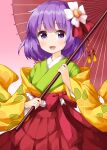  1girl :d bangs bow cowboy_shot eyebrows_visible_through_hair floral_print flower gradient gradient_background green_kimono hair_flower hair_ornament hieda_no_akyuu highres holding holding_umbrella japanese_clothes kimono looking_at_viewer open_mouth pink_background purple_eyes purple_hair red_bow red_skirt red_umbrella ruu_(tksymkw) short_hair skirt smile solo standing touhou umbrella white_flower wide_sleeves 