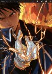  1boy alchemy black_hair fire fullmetal_alchemist furrowed_brow gloves hair_between_eyes highres male_focus roy_mustang sabertoon_artt white_gloves 
