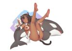  1girl anal_tail animal_ears barefoot bigrbear bottle breasts cat_ears cat_tail censored dark_skin dark_skinned_female fake_animal_ears fake_tail food_on_body food_on_breasts holding holding_bottle looking_at_viewer medium_breasts mosaic_censoring nipples open_mouth original pussy simple_background solo stuffed_animal stuffed_orca stuffed_toy tail white_background 