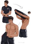  1boy abs aged_up armpit_hair black_hair black_pants black_shirt collarbone dark-skinned_male dark_skin freaka_loonyz haikyuu!! highres holding holding_shirt holding_unworn_clothes iwaizumi_hajime male_focus multiple_views nipples pants pectorals shirt short_hair simple_background spiked_hair sportswear sweat toned toned_male topless_male twitter_username undressing white_background 