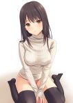  1girl bangs banned_artist black_hair black_legwear bottomless breasts brown_eyes commentary_request eyebrows_behind_hair groin head_tilt long_sleeves looking_at_viewer medium_breasts n.g. no_shoes original parted_lips ribbed_sweater sitting sleeves_past_wrists solo sweater thighhighs wariza white_background white_sweater 