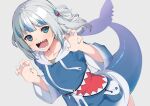  1girl absurdres animal_costume animal_hood ao_(aokisora_ao) bangs blue_eyes blue_hair blue_hoodie blunt_bangs blush fish_tail gawr_gura hair_ornament highres hololive hololive_english hood hoodie long_hair long_sleeves looking_at_viewer medium_hair multicolored_hair open_mouth self_upload shark_costume shark_girl shark_hair_ornament shark_hood shark_tail sharp_teeth silver_hair smile solo streaked_hair tail teeth two_side_up virtual_youtuber wide_sleeves 