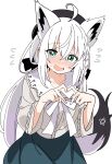  1girl 4-finger_heart_hands ^^^ absurdres ahoge animal_ears beret black_hat black_skirt black_tail blush braid collarbone cowboy_shot crossed_bangs dot_nose extra_ears eyes_visible_through_hair fox_ears fox_girl fox_tail green_eyes grey_skirt hair_between_eyes hands_up hashtag-only_commentary hat heart heart_hands highres hololive hutaba_haru long_bangs long_hair looking_at_viewer nervous nose_blush open_mouth pentagram ribbon shirakami_fubuki shirakami_fubuki_(street) simple_background skirt sleeves_past_elbows small_sweatdrop smile solo tail virtual_youtuber white_background white_hair white_ribbon white_tail 