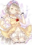  1girl bad_id bad_pixiv_id bangs bloomers_(victorian) blunt_bangs blush briar_rose_(sinoalice) closed_mouth flower frills fukuda935 green_eyes hair_flower hair_ornament head_wreath jewelry looking_at_viewer necklace pajamas rose rubbing_eyes short_hair signature sinoalice solo thighhighs thorns tired 