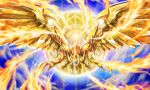  claws commentary_request commission duel_monster energy fire glowing glowing_eyes highres light_trail looking_at_viewer no_humans red_eyes sample shiny solo sore_(whirlwind) the_winged_dragon_of_ra watermark yu-gi-oh! 