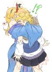  !? 2girls absurdres arm_warmers bare_shoulders black_skirt blonde_hair blue_kimono blue_overskirt blush bread_master brown_shirt half_updo heart height_difference highres holly horns hoshiguma_yuugi hug japanese_clothes kimono kiss mizuhashi_parsee multiple_girls oni overskirt pointy_ears shirt short_hair single_horn skirt touhou white_arm_warmers yuri 