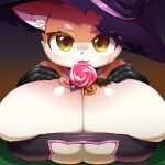 anthro between_breasts big_breasts blush breasts candy clothing dessert female food food_between_breasts fur glistening glistening_body hat headgear headwear hi_res huge_breasts inner_ear_fluff licking_lollipop lollipop looking_at_viewer obikuragetyan rimu_(white_clothes) solo tongue tongue_out tuft white_body white_clothes_(game) white_fur witch_hat