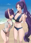  2girls absurdres bangs bikini bob_cut breasts eyeliner fate/grand_order fate_(series) highres hood_(james_x) horns large_breasts long_hair looking_at_viewer makeup minamoto_no_raikou_(fate) multiple_girls navel oni oni_horns open_mouth parted_bangs purple_eyes purple_hair short_hair shuten_douji_(fate) skin-covered_horns small_breasts smile swimsuit very_long_hair 