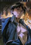  1boy alchemy black_hair fire fullmetal_alchemist furrowed_brow gloves highres male_focus open_clothes open_shirt roy_mustang sabertoon_artt topless_male white_gloves 