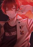  1boy aho_no_sakata asamoya_1225 highres looking_at_viewer male_focus niconico open_mouth red_eyes red_hair simple_background smile solo urashimasakatasen utaite_(singer) 