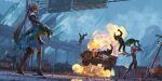  2girls 3others absurdres animal_ears armor artist_name black_gloves blonde_hair braid building car chinese_commentary coat commentary_request copyright_name erich explosion fake_animal_ears fire frog from_behind full_body girls&#039;_frontline girls&#039;_frontline_2:_exilium gloves grey_hair groza_(girls&#039;_frontline_2) highres highway holding holding_frog krolik_(girls&#039;_frontline_2) long_hair mechanical_ears midair motor_vehicle multiple_girls multiple_others outdoors playboy_bunny ponytail puddle rabbit_ears reflection reflective_water road_sign rubble ruins sign soldier speed_limit_sign standing stop_sign tactical_clothes tactical_playboy_bunny traffic_cone vehicle_request very_long_hair warning_sign web_address weibo_username what white_coat wire_fence 