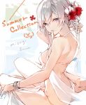  1girl adjusting_clothes adjusting_swimsuit bad_id bad_pixiv_id barefoot bikini bracelet flower fukuda935 hair_bun hair_flower hair_ornament jewelry looking_at_viewer mouth_hold ribbon short_hair silver_eyes sinoalice sitting snow_white_(sinoalice) solo swimsuit white_hair 