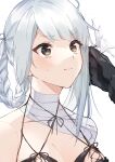  1girl absurdres asymmetrical_hair babydoll bandaged_arm bandaged_leg bandages bangs black_gloves blush braid caress closed_mouth eyebrows_visible_through_hair flower gloves hair_flower hair_ornament hand_on_another&#039;s_head highres hinakano_h kaine_(nier) lingerie long_hair looking_up lunar_tear negligee nier nier_(series) simple_background single_braid solo sweatdrop underwear white_background white_hair yellow_eyes 
