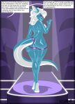  2025 anthro blue_body butt clothing dialogue dialogue_box dragon drone dronesuit english_text female gridbull hair hi_res hypnotic_visor kirby_(don_the_dragon) latex latex_clothing latex_skinsuit mind_control multicolored_body mythological_creature mythological_scalie mythology on_stage presenting presenting_hindquarters scalie skinsuit solo standing tail text tight_clothing translucent translucent_clothing translucent_latex two_tone_body visor white_body white_hair wingless_dragon zipper zipper_mouth 
