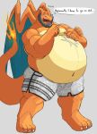  2021 anthro beard belly big_belly bottomwear burping charizard clothed clothing dialogue english_text facial_hair fan_character fire grey_background hand_on_stomach hi_res male mature_anthro mature_male motion_lines musclegut muscular muscular_anthro muscular_male navel nintendo nipples obese obese_anthro obese_male open_mouth overweight overweight_anthro overweight_male pok&eacute;mon pok&eacute;mon_(species) shorts simple_background solo standing text topless topless_male video_games vitashi wings 