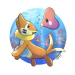  air_bubble brown_eyes bubble buizel closed_mouth commentary_request fangs gen_3_pokemon gen_4_pokemon highres looking_back luvdisc niiichi_21pk no_humans open_mouth pokemon pokemon_(creature) signature toes tongue underwater 